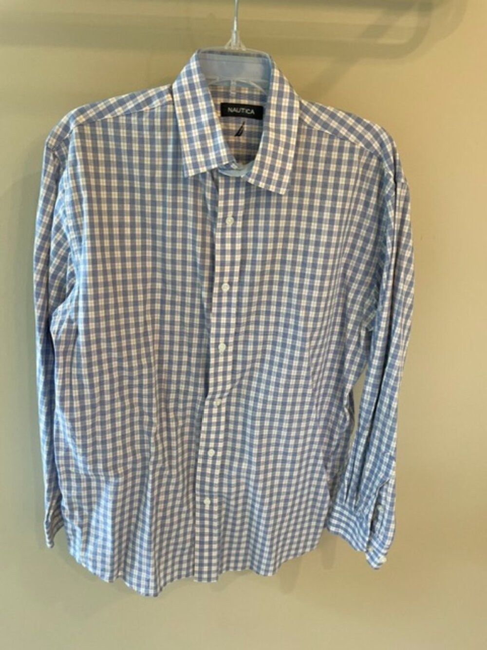 Men's Nautica Button Down Shirt in blue and gold check, size 15.5, 32/33